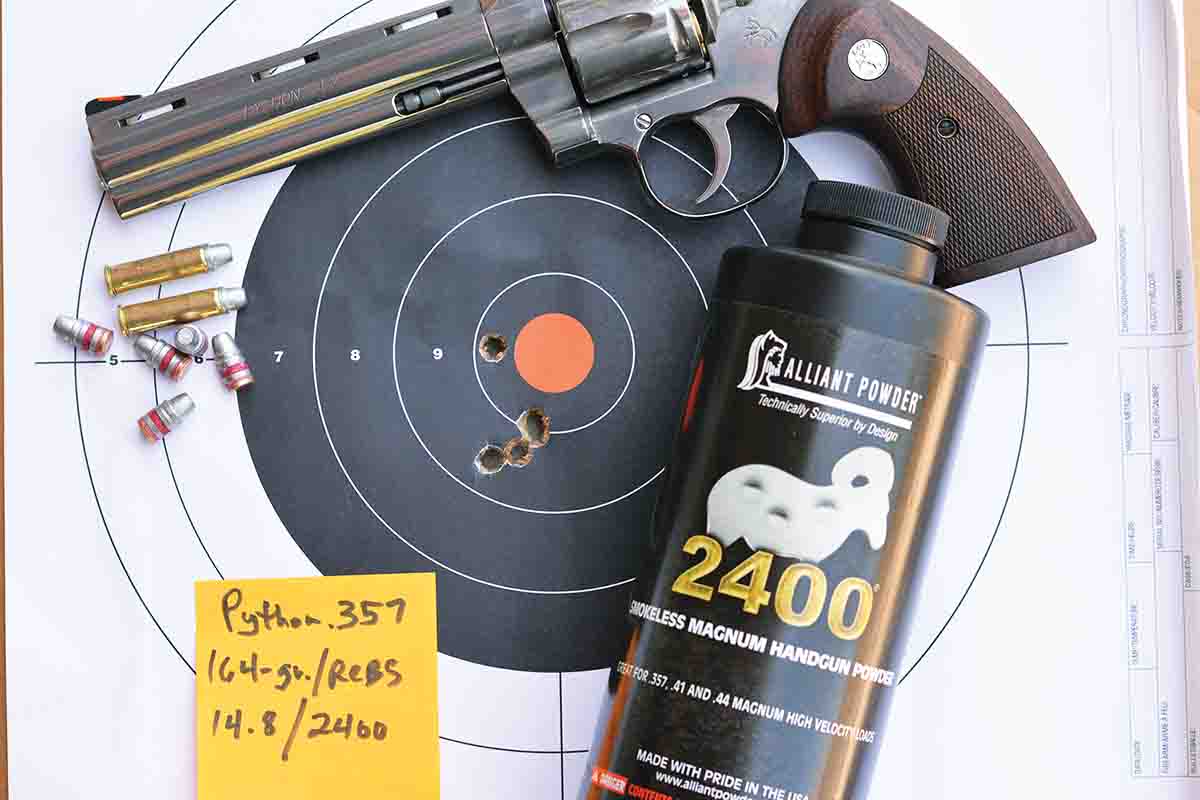 The Python produced good accuracy with both jacketed and cast bullets. This full-power handload contained cast bullets from  RCBS mould 38-158-SWC with a gas check and Alliant 2400 powder, which produced tidy groups at 25 yards.